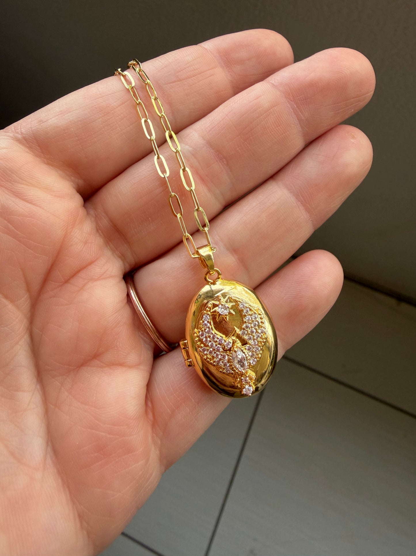 Locket with Bird Gold Filled Necklace (Cubic Zirconia)